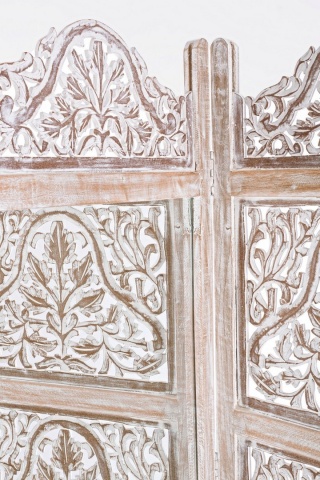 Paravan Alyssia cu oglindă, 3 panouri, sculptat manual, lemn de mango, alb antichizat, 130x2.5x180 cm - Img 3