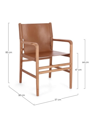 Scaun cu brațe Caroline, din lemn de tec și piele naturală, Taupe, 57x58x85 cm - Img 3