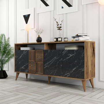 Servanta din pal melaminat Milano nuc si marmură neagră 160x78x35 cm - Img 2