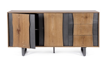 Servanta Garwood, 2 uși și 3 sertare, din MDF furniruit cu stejar, finisaj natural, picioare din oțel, 150x42x75 cm - Img 8