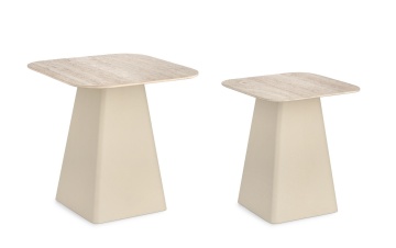 Set 2 măsuțe de cafea Hardy, pătrate, cu blat din ceramică efect travertin și bază metalică, laturi 40 cm și 50 cm