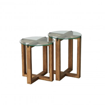 Set 2 masute de cafea rotunde Amalfi nuc si sticla 50 cm, 45 cm