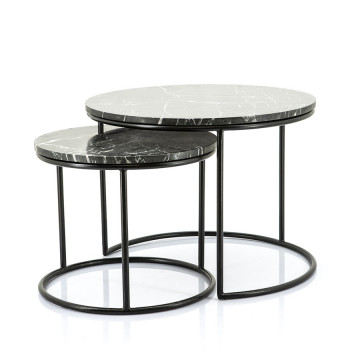 Set 2 masute de cafea rotunde din marmura si metal Romeo 60x60x41 cm negre