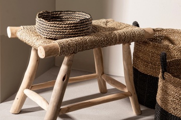 Taburet din ramuri de tec, finisaj natural, 60x38x45 cm - Img 8