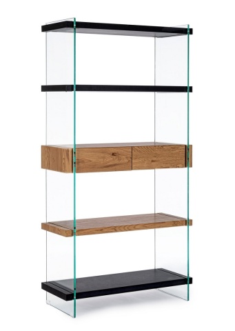 Bibliotecă Line Wood cu rafturi din sticlă si MDF 180 cm