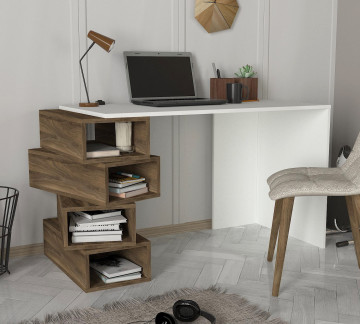 Birou cu rafturi din pal melaminat Jenga nuc si alb 130 cm - Img 2