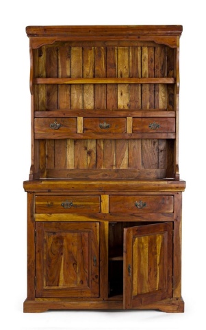 Bufet cu vitrină Chateaux, din lemn masiv de acacia indiană, finisaj rustic antichizat, 107x45x190 cm - Img 6