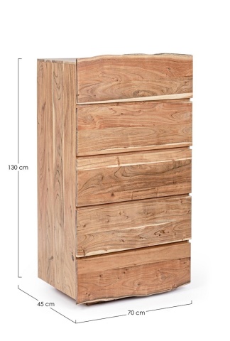 Comodă Aron cu 5 sertare, lucrată manual din lemn de acacia, efect lemn natural, 70x45x130 cm - Img 2
