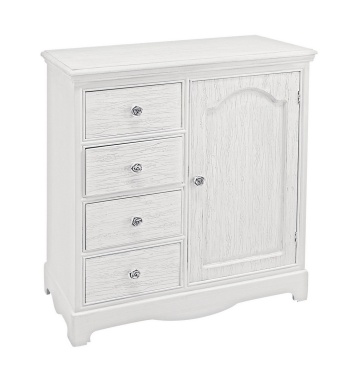Comodă Blanc, cu 1 ușă și 4 sertare, din MDF, finisaj alb mat cu efect albit, 66 x 32,5 x 80 cm