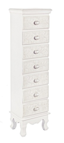 Comodă Clorine cu 7 sertare, cu motive florale încrustate, finisaj mat, 29x23x112.5 cm