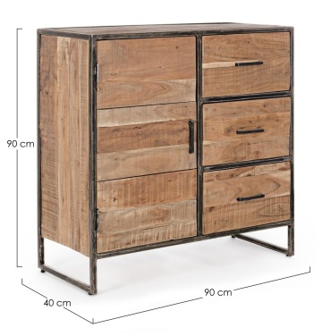 Comoda cu 1 ușă și 3 sertare, din lemn de salcâm și oțel, 90 x 40 x 90 cm - Img 2