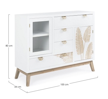Comoda Folium cu 2 uși și 4 sertare, din lemn de brad cu decor încrustat manual, 100x34x80 cm - Img 2