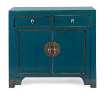 Comoda Jinan cu 2 uși și 2 sertare, din lemn de ulm reciclat lăcuit, albastră, 91x43x84 cm - Img 3