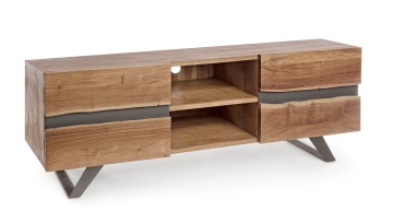 Comodă TV Aron, 160 cm, 2 uși cu inserții metalice, lemn de acacia și oțel, 160x44x65 cm