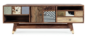 Comodă TV Dhaval, 140 cm, din lemn de mango și acacia reciclat, cu aplicații din metal și piele, 140x40x48 cm - Img 3