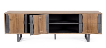 Comodă TV Garwood, cu 2 uși și 2 sertare, din MDF furniruit cu stejar și oțel, 160x42x55 cm - Img 8