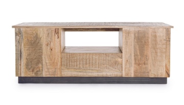 Comodă TV joasă Tudor, 130 cm, cu 2 uși și 1 sertar, din lemn de mango cu bază din oțel, finisaj nitrocelulozic, 130x40x50 cm - Img 4