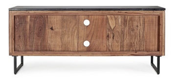 Comodă TV Norfolk, stil vintage, cu 2 uși, blat din marmură și cadru din lemn de acacia, picioare din oțel, 130x40x60 cm - Img 4