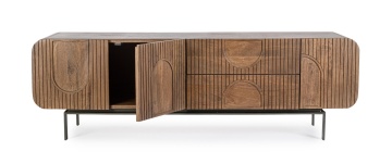 Comodă TV Orissa, lemn masiv de mango și picioare din oțel, 3 uși, 2 sertare, natural, 172x44x55 cm - Img 9