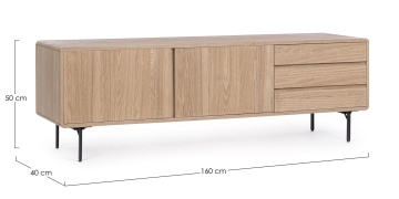 Comodă TV Widald, furnir frasin, 2 uși, 3 sertare, naturală, 160x40x50 cm - Img 2