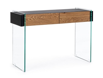 Consolă Line, cu 2 uși, din MDF cu efect de lemn negru și laterale din sticlă, 110x40x75 cm