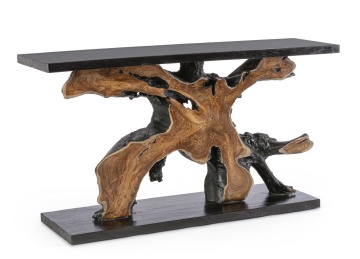 Consolă Marwood, 150 cm, design unic din rădăcini de tec și lemn de suar, finisaj nitrocelulozic, 150x40x80 cm