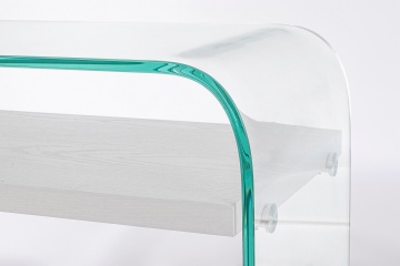 Consolă modernă cu 2 rafturi, blat din sticlă și raft MDF cu efect lemn alb, 110x35x75 cm - Img 4