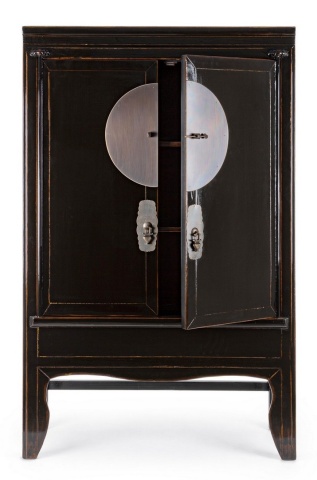 Dulap dining Jinan, cu rafturi, din lemn de ulm reciclat, finisaj lăcuit lucios, negru, 108x48x174 cm - Img 7