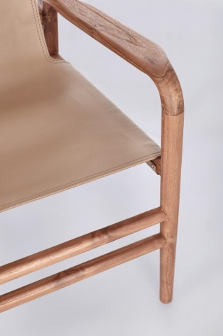 Fotoliu Caroline, cu brațe, din lemn de tec și piele naturală Taupe, 70 x 72 x 79 cm - Img 8