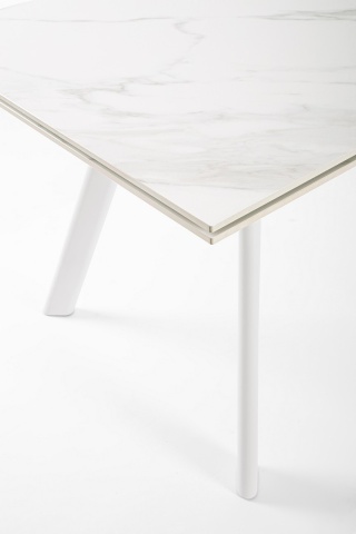 Masă dining extensibilă Jarkko, 8-10 persoane, blat din gresie porțelanată efect marmură și bază din oțel, alb mat, 160-240x90 cm - Img 5