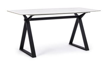 Masă dining Paloma, 6 persoane, blat sticlă securizată efect marmură, picioare metalice, 160x90 cm