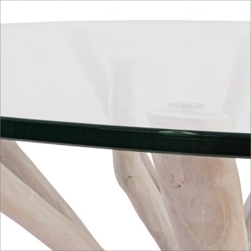 Masă dining rotundă Sahel, diam. 110 cm, cu bază din crengi de tec și blat din sticlă securizată, finisaj alb spălăcit - Img 3
