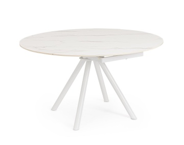 Masă rotundă extensibilă, 2-6 locuri, blat ceramică porțelanată efect marmură, bază din oțel, alb/alb, diametru 87/135 cm