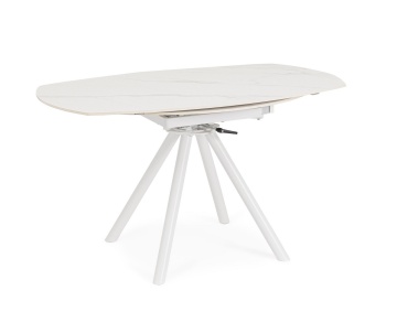 Masă rotundă extensibilă, 2-6 locuri, blat ceramică porțelanată efect marmură, bază din oțel, alb/alb, diametru 87/135 cm - Img 2