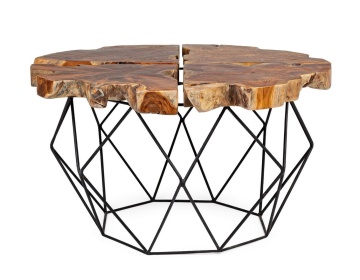 Măsuță de cafea rotundă, cu blat din rădăcini de tec cu finisaj natural și picioare din oțel, 80 x 40 cm - Img 3