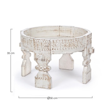 Măsuță de cafea rotundă Yasir, diametru 50 cm, din lemn de mango sculptat alb, finisaj antichizat, 35 cm înălțime - Img 2