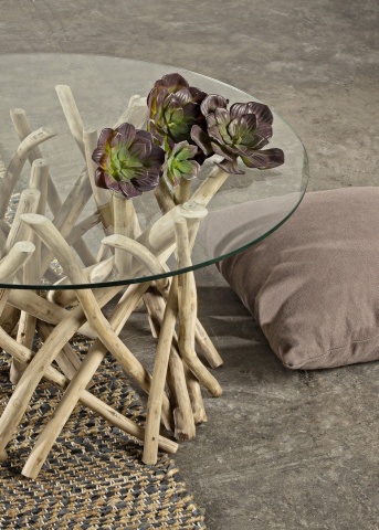 Măsuță de cafea Samira, rotundă, diametru 80 cm, din crengi de tec cu blat din sticlă securizată, finisaj natural, 80x40 cm - Img 4