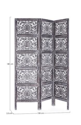 Paravan cu 3 panouri Darika, sculptat manual, din lemn de mango și MDF, finisaj antichizat gri, 150x2,5x180 cm - Img 2