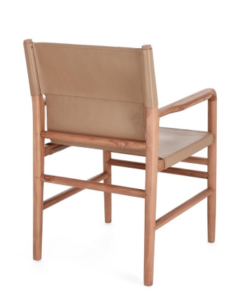 Scaun cu brațe Caroline, din lemn de tec și piele naturală, Taupe, 57x58x85 cm - Img 2