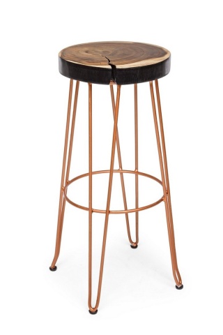 Scaun de bar, design nordic, din lemn masiv și oțel vopsit electrostatic, cupru, înălțime 74 cm