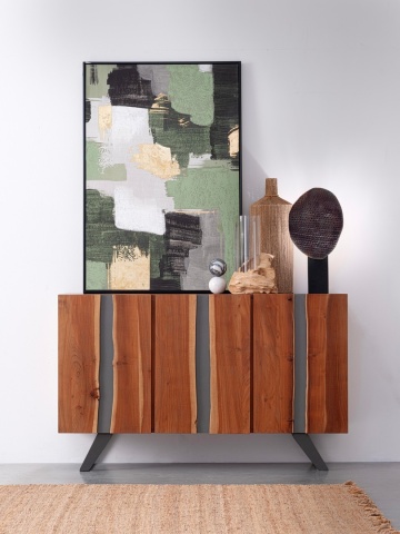 Servanta Aron cu 3 uși, lemn de salcâm cu inserții metalice și picioare din oțel, 145x45x90 cm - Img 6