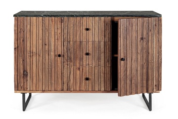 Servanta Norfolk stil vintage, cu 2 uși și 3 sertare, din lemn de acacia, cu blat de marmură și picioare din oțel, 120 x 38 x 85 cm - Img 9