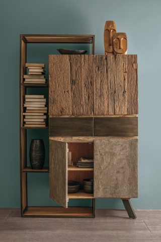 Biblioteca Manchester, 2 uși, 2 sertare, din lemn de mango și oțel, stil natural, 118x38x180 cm - Img 14
