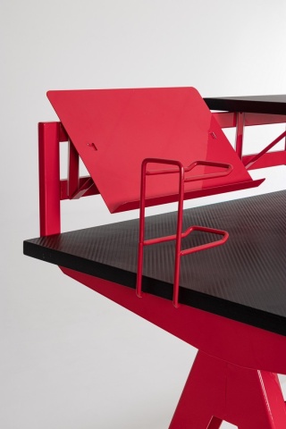 Birou de gaming, cu cadru metalic și blat cu efect de fibră de carbon, roșu și negru, 135.5x60x95 cm - Img 10