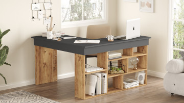 Birou pe colt din pal melaminat negru si pin 129 cm - Img 6