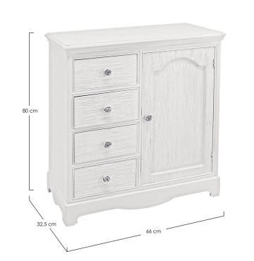 Comodă Blanc, cu 1 ușă și 4 sertare, din MDF, finisaj alb mat cu efect albit, 66 x 32,5 x 80 cm - Img 2