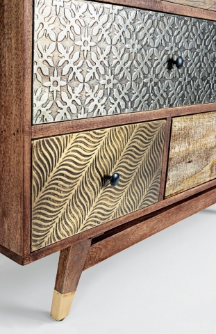 Comodă Dhaval cu 7 sertare, din lemn de mango și acacia reciclat, stil Vintage, 110x40x80 cm - Img 6