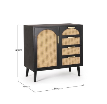 Comoda Josine, lemn de pin, cu 1 ușă, 4 sertare și inserții din ratan, negru, 80x40x80 cm - Img 2