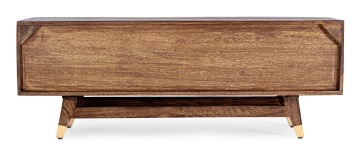 Comodă TV Dhaval, 140 cm, din lemn de mango și acacia reciclat, cu aplicații din metal și piele, 140x40x48 cm - Img 4