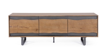 Comodă TV Garwood, cu 3 uși, din MDF furniruit cu stejar și oțel, 160x42x55 cm - Img 2